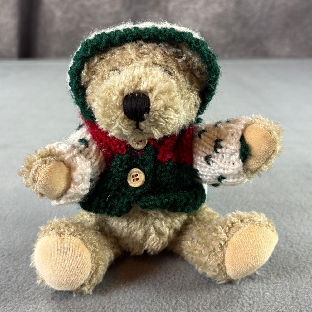 Vtg 2000 Hugfun International Teddy Bear‎ in Knit Hooded Sweater Holiday Plush